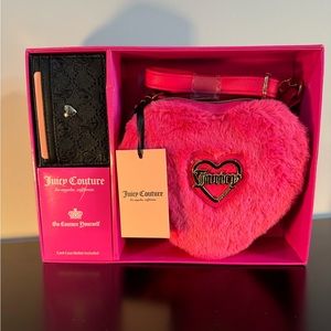 Juicy Couture Free Love Fuzzy Heart Crossbody & Card Case Wallet Box Set - NWT